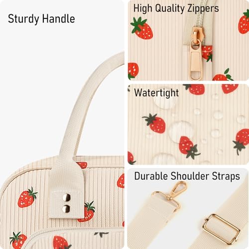 Lunch Bag Large Insulated Lunch Box for Women Adult Cute Beige Strawberry Lunchbox Corduroy Lunch Bags Boxes Pail with Shoulder Strap for Work Mom Picnic Office Travel 11.4×6.8×9.1 inches 11.5L