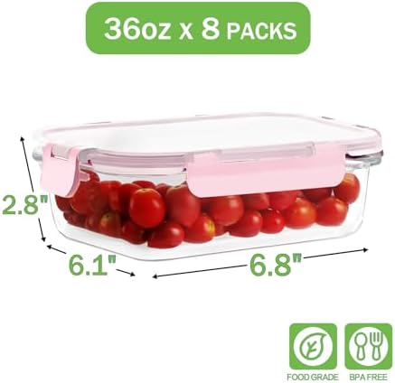 8-Pack 36oz Large Glass Meal Prep Containers with Leak Proof Snap-Lock Lids