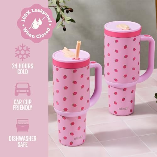 Ello Oasis 30oz Insulated Stainless Steel Tumbler with Straw, Strawberries