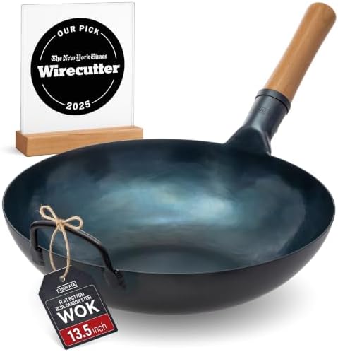 YOSUKATA 13.5" Pre-Seasoned Flat Bottom Blue Carbon Steel Wok for Stir Fry