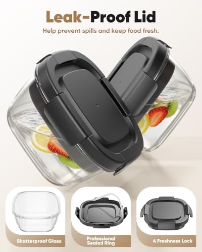 Canfanni Glass Salad Container, 56oz Bowl with Airtight Lids, Bento Box