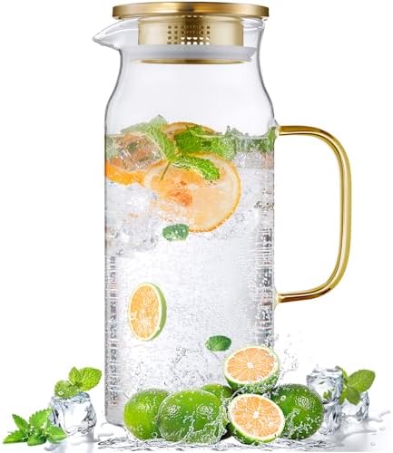 Bivvclaz 2 Liter 68 oz Gold Glass Pitcher with Lid and Handle, Glass Carafe for Hot/Cold Water, Large Iced Tea Pitcher for Coffee, Juice and Homemade Beverage