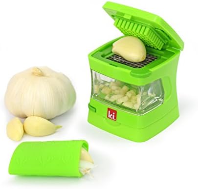 Garlic-A-Peel Garlic Press, Crusher, Cutter, Mincer, and Storage Container - Includes Silicone Garlic Peeler - Easy to Clean - Stainless Steel Blades – (Green), standard