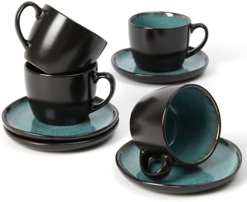 Pokini Stoneware Coffee Cups with Saucers, Cappuccino Cups, Mugs Set of 4