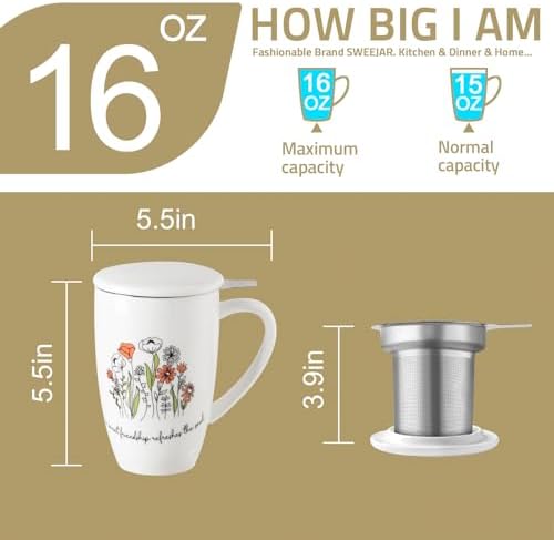 Sweejar Porcelain Tea Infuser Mug with Lid, 16 oz Teacup with Strainers for Loose Leaf Tea, Microwave and Dishwasher Safe Coffee Mug(Onyx Wing)