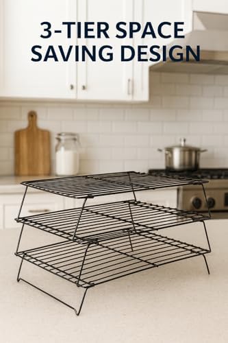 3-Tier Stackable Cooling Rack for Baking – 16" x 10" Carbon Steel Cookie Cooling Racks, Collapsible Space-Saving Design with Tight Grid, Dishwasher Safe – Dependable Industries