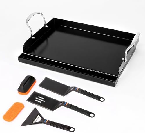 Uniflasy 17 x 13 in Cast Iron Griddle for Gas Grill, Nano Ceramic Nonstick Flat Top Grill Plate with 5-Piece Tool Kit, Grease Groove, High Sidewalls, Handles, for Charcoal, Stove Top, Camping