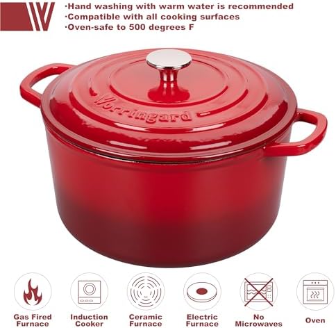 VORRINGARD Enameled Cast Iron Dutch Oven Pot with Lid, for Sourdough Bread Baking, Round Dutch Ovens, 4.5 Quart, Red
