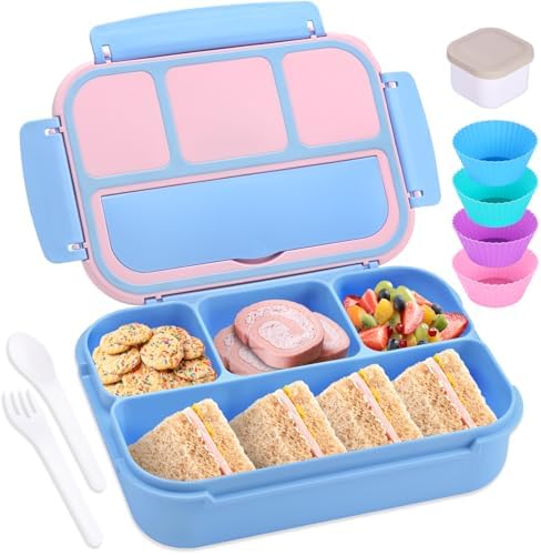 shell and turtle Bento Box Adult Lunch Box, Lunch Containers for Kids Girls Boys with 4 Compartments, Lunchable Food Container with Utensils, Sauce Jar, Muffin Liners, 40 Oz/5 Cup, Blue Pink