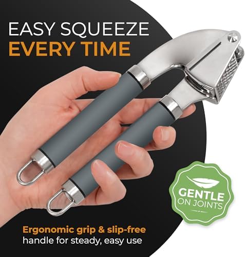 ORBLUE Garlic Press and Peeler Set, Stainless Steel - Professional Grade Mincer, Crusher - Dishwasher Safe & Rust-proof, Gray