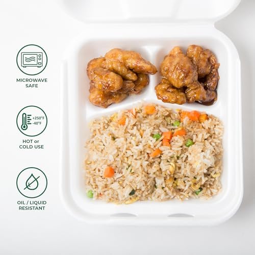 Freshware Clamshell Food Containers with Lids [8x8"] 3-Compartment 100-Pack, Disposable To Go Containers, Biodegradable Sugarcane To Go Boxes - Paper Container - Microwave & Freezer Safe, Stackable