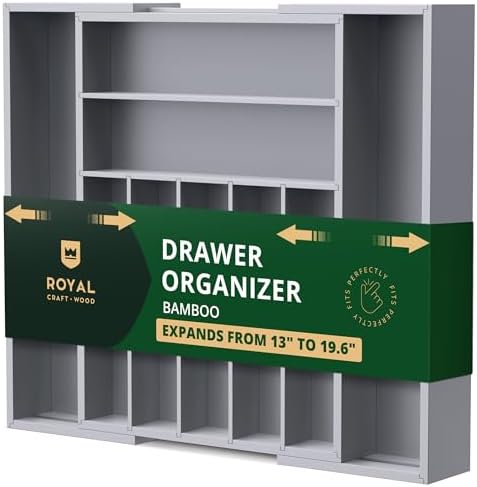 ROYAL CRAFT WOOD Luxury Bamboo Kitchen Drawer Organizer - Silverware Organizer - Utensil Holder and Cutlery Tray with Grooved Drawer Dividers for Flatware and Kitchen Utensils (9 Slot, Gray)