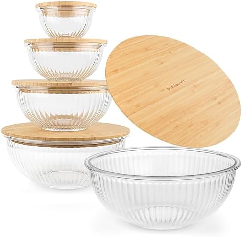 Stackable Glass Mixing Bowls with Bamboo Lids Set of 5