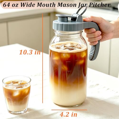 Glass Pitcher With Pour Spout Lid 64 OZ Mason Jar Pitcher Wide Mouth 2 Pack