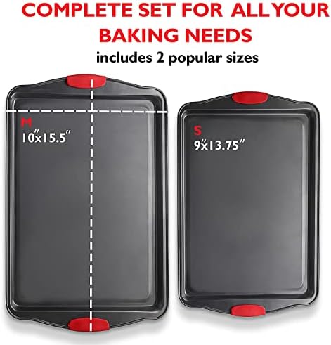 Eatex Nonstick Baking Sheet Set, 2-Piece Baking Pans Set with Silicone Handles, Carbon Steel Cookie Sheets for Baking Commercial Grade Quality Oven Tray, Jelly Roll/Quarter Sheet Pans for Baking