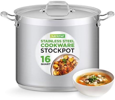 NutriChef 16-Quart Stainless Steel Stockpot - 18/8 Food Grade Heavy Duty Large Stock Pot for Stew, Simmering, Soup, Includes Lid, Dishwasher Safe, Works w/Induction, Ceramic & Halogen Cooktops