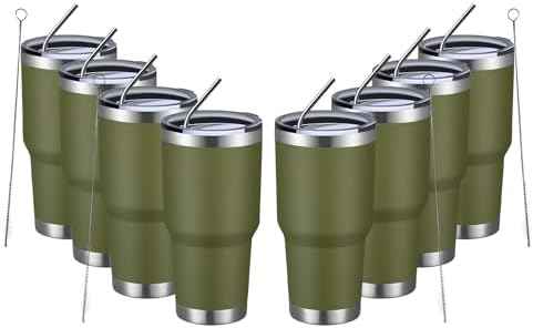 MEWAY 30oz Insulated Tumbler With Lids and Straws,Stainless Steel Double Vacuum Coffee Tumbler Cup, Brush, Durable Powder Coated Coffee Cup for Cold & Hot Drinks, Office, Travel(Army Green,8 PACK)