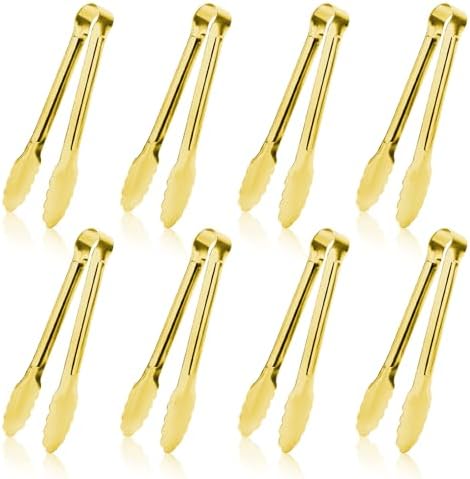 8PCS Gold Mini Metal Tongs, 5" Stainless Steel Serving Tiny Tong, Small Kitchen Accessories for Appetizer, Ice, Sugar Cube, Salad, Toaster, Desserts (Gold, 5 INCH)
