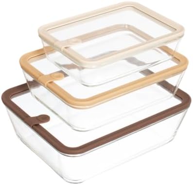 Glad Glass Food Storage Containers, Set of 3 - Airtight Vacuum Sealed Steam Vent Lids - Rectangular Borosilicate Glass Dishes with Ombre Green Lids - Assorted Sizes for Meal Prep & Leftovers, Brown