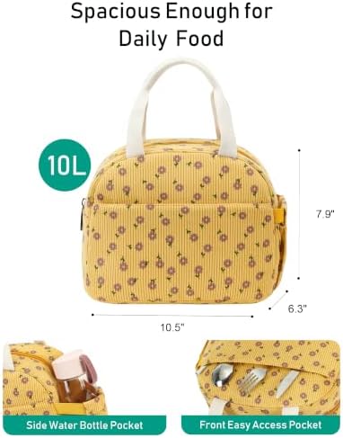 Lunch Box Lunch Bag Insulated Lunchbox Cute Reusable Lunch Tote bags for School Work Picnic for Kids Girls Women (Yellow Floral)
