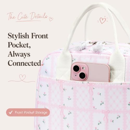 LOVELYWIND Lunch Box for Women, Insulated Lunch Bag, Pink Checkered Tote