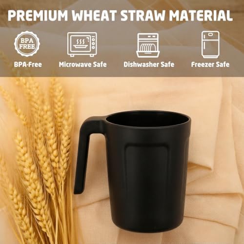 16oz Plastic Coffee Cups Set of 6, Wheat Straw Cups - Black