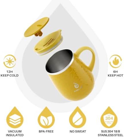 Ideus 16 oz Insulated Coffee Mug with Lid and Handle (Leopard Yellow)