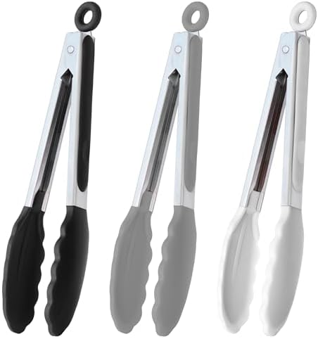 HINMAY 9-Inch Serving Tongs Silicone Tongs, Set of 3 (Black White Gray)