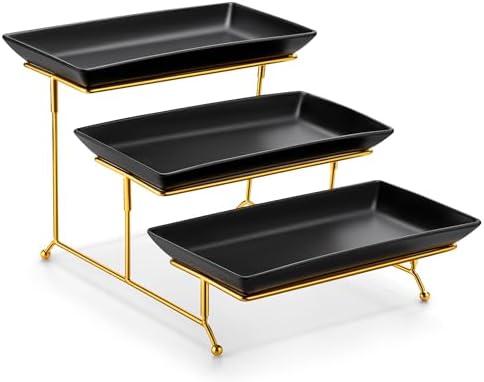 MALACASA 3 Tier Serving Trays for Party, 12 Inch Porcelain Black Trays for Serving Food, Dessert Stand with Collapsible Gold Metal Rack
