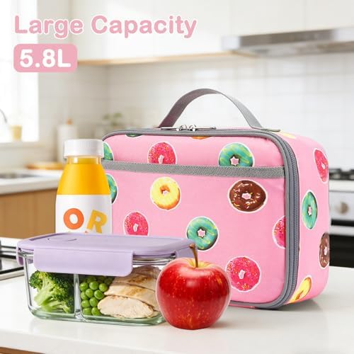 FlowFly Kids Lunch box Insulated Soft Bag Mini Cooler Back to School Thermal Meal Tote Kit for Girls, Boys, Doughnut