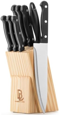 BAMBOO LAND- Kitchen Knife Set, 9 pcs, Stainless Steel Knife Set with Block and Sharpener, Kitchen Knives with Wooden Block