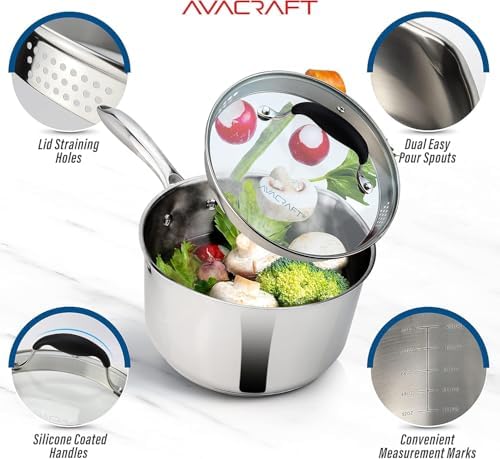 AVACRAFT 3.5 Quart Stainless Steel Saucepan with Glass Strainer Lid