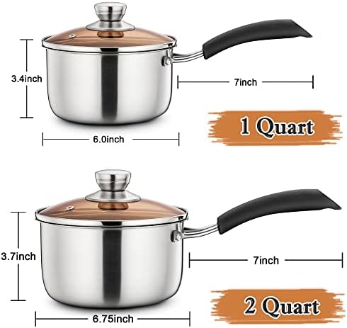 LIANYU Sauce pan Set with Lid, 1 Quart and 2 Quart Stainless Steel Saucepan