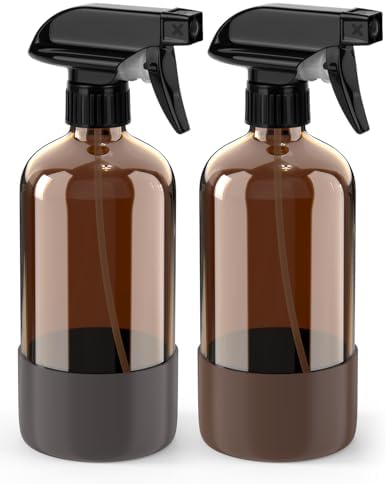 Bontip Glass Spray Bottle with Silicone Sleeve Protection, Amber Glass Spray Bottle Set for Window Cleaner Aromatherapy Facial Hydration Watering Flowers Hair Care 2 Pack/16 oz (Brown & Grey, 16 oz)