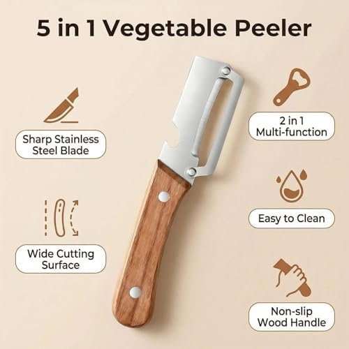 NEW Premium Vegetable Peeler with Wooden Handle and Bottle Opener: 2-in-1 Stainless Steel Kitchen Tool for Fruit Apple Potato Pumpkin Papaya (1Pcs)