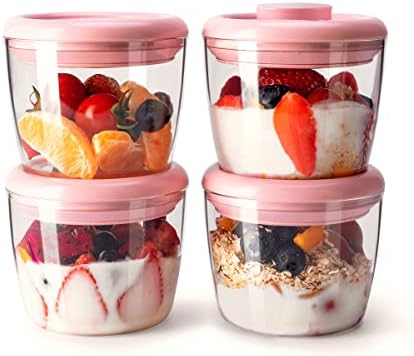 Ankou 400ml Meal Prep Container Set of 4 Pink Tritan Plastic Food Storage Containers with Lids, Airtight Leakproof Pop Top Lid Bowl for Breakfast Leftovers