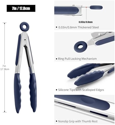 Doosu Kitchen Tongs with Silicone Tips for Cooking Serving (7in, Navy Blue)