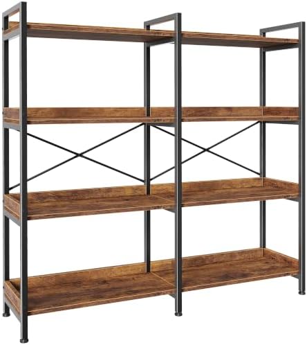 Huuger 4 Tier Bookshelf with 8 Open Shelves and Raised Baffle, Rustic Brown