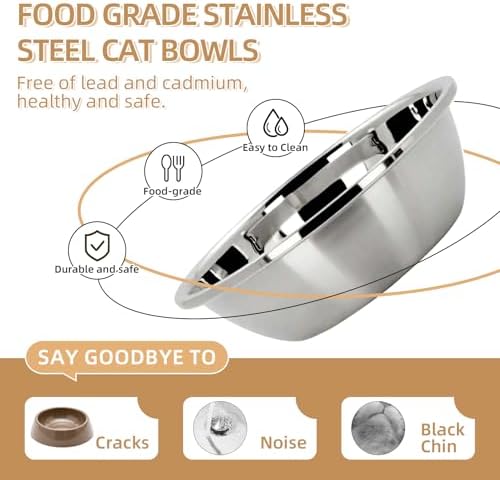 Elevated Cat Bowl, Raised Cat Food and Water Bowl Set for Indoor Cats, Splash Proof with 2 Stainless Steel Pet Food Bowls for Cats and Puppies, Whisker Fatigue and Dishwasher Safe - White
