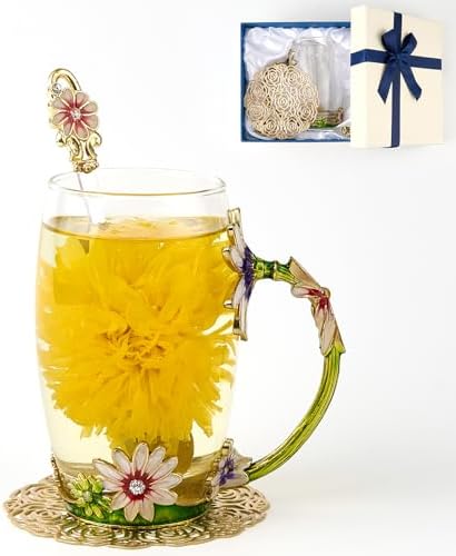 Flower Tea Cup ,Daisy Flower Clear Glass Fancy Coffee Mug with Spoon,Gift Box for Her Mom Wife Grandma Girls Friends Valentines Christmas Birthday Present Idea for Juice,Hot And Cold Drinks Use