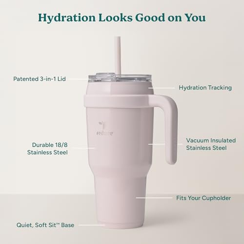 REDUCE Cold1 40 oz Tumbler with Handle - Vacuum Insulated Stainless Steel Water Bottle for Home, Office or Car, Reusable Mug with Straw or Leakproof Flip Lid, Keeps Drinks Cold All Day- Gloss Cotton