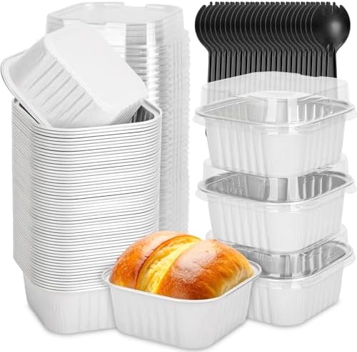 selizo 60 Pack 5oz Mini Square Disposable Cake Pans with Lids, Aluminum Foil Baking Cups, Individual Cake Containers with Lids for Parties and Gatherings