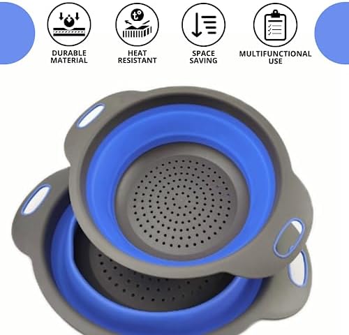 Round Silicone Blue Colander Collapsible – Foldable Kitchen Strainer Small Collapsible Colander Blue with Plastic Handles for Draining Vegetable and Fruit Round Silicone Kitchen Strainer for Pasta