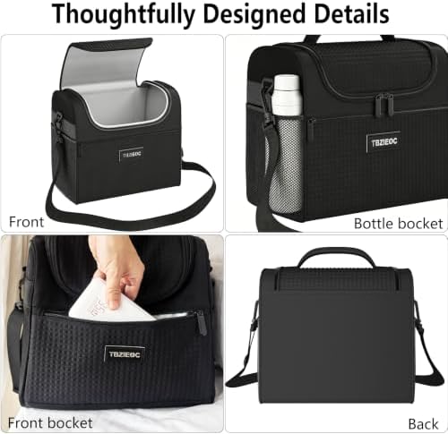 Large Insulated Lunch Bag for Women & Men, 12.10L Reusable Lunch Cooler Tote with Ice Pack, Adult Lunch Box with Side Mesh Pocket, Portable Lunch Bag for Work, Office, Travel & Picnic, Black