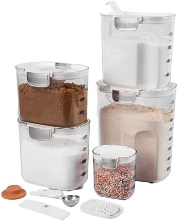 ProKeeper+ Airtight Food Storage Container Set – Clear Plastic Flour and Sugar Canister Set with Magnetic Accessories for Kitchen Organization (White, 9-Piece)