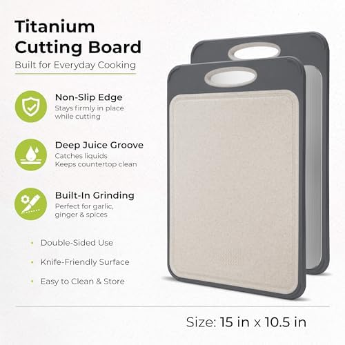 Freshware Titanium Cutting Board for Kitchen, Double Sided and Non Slip Cutting Boards, Pure Titanium/PP, Chopping Board with Juice Grooves, Dishwasher Safe, Large 15.75" by 10.6"