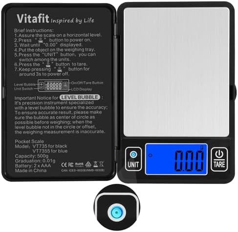 Vitafit 500g Digital Gram Scale in 0.01g, High Accuracy Assured by Built-in Level Bubble, Scale Professional Since 2001, Pocket Scale for Multi-Function: Kitchen, Food, Jewelry, Lab, Coffee, Black