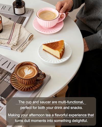 Ceramic Coffee Cup and Saucer Set,11 oz Latte Cappuccino Cup with Saucer,Pink Porcelain Tea Cup Set for Espresso,Coffee or Tea Cup for Home Kitchen,Coffee Bar,Brunch,Microwave & Dishwasher Safe(Pink)