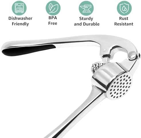 Garlic Press Crusher & Mincer – Easy Squeeze Ergonomic Handle, Heavy Duty Zinc Alloy, Dishwasher Safe, Includes Peeler & Cleaning Brush – Garlic Ginger Crusher Tool (Imperial Silver)