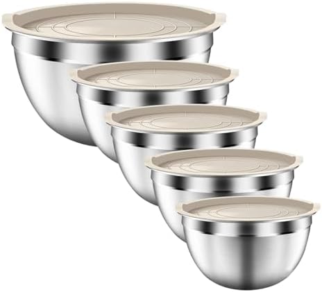 Mixing Bowls with Airtight Lids Set, 5 PCS Stainless Steel Khaki